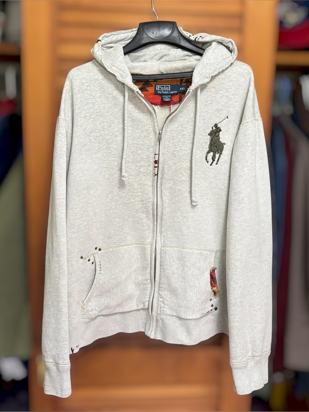 Vintage Polo Ealph Lauren Big Pony Hoodie Aztec Embellished Thermal Lined XXL